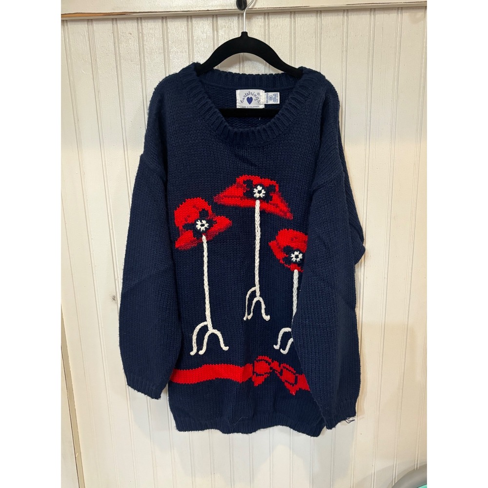 Vintage Navy Blue Girl Knit Sweater‎ Red Flower Applique Bow Cottagecore
